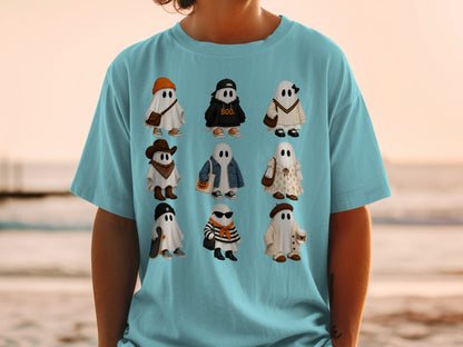T-shirt with nine cartoon ghosts in various outfits, including "BOO" hoodie.