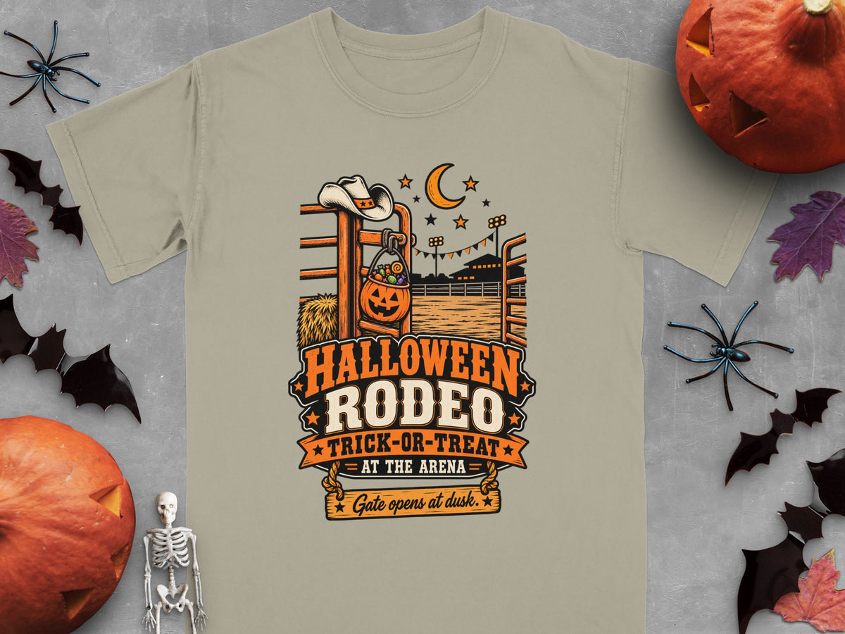 Halloween Rodeo design with trick-or-treat message and arena scene.
