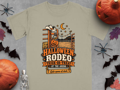 Halloween Rodeo design with trick-or-treat message and arena scene.