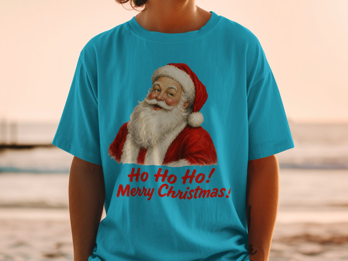 Teal t-shirt with Santa Claus graphic and "Ho Ho Ho! Merry Christmas!" text.