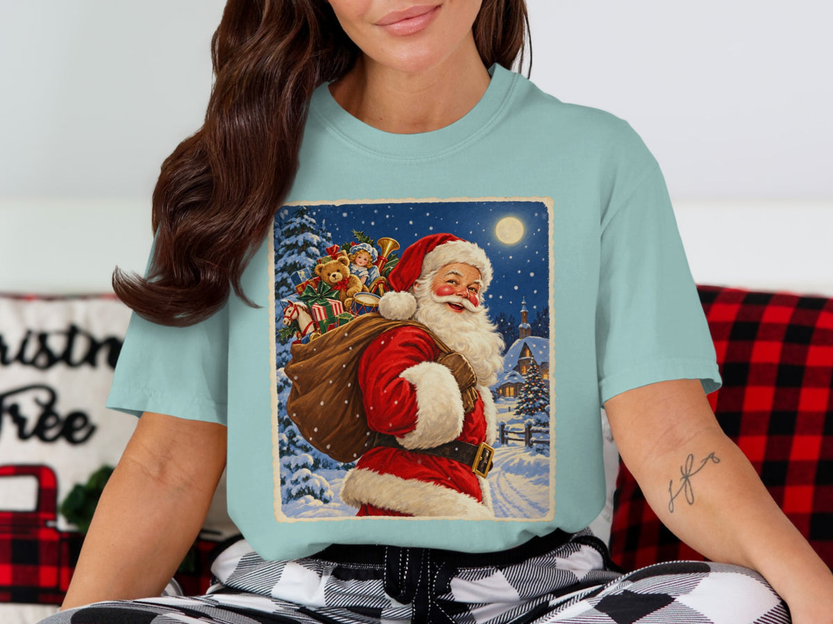 Vintage Santa Claus with sack of toys in snowy village at night.