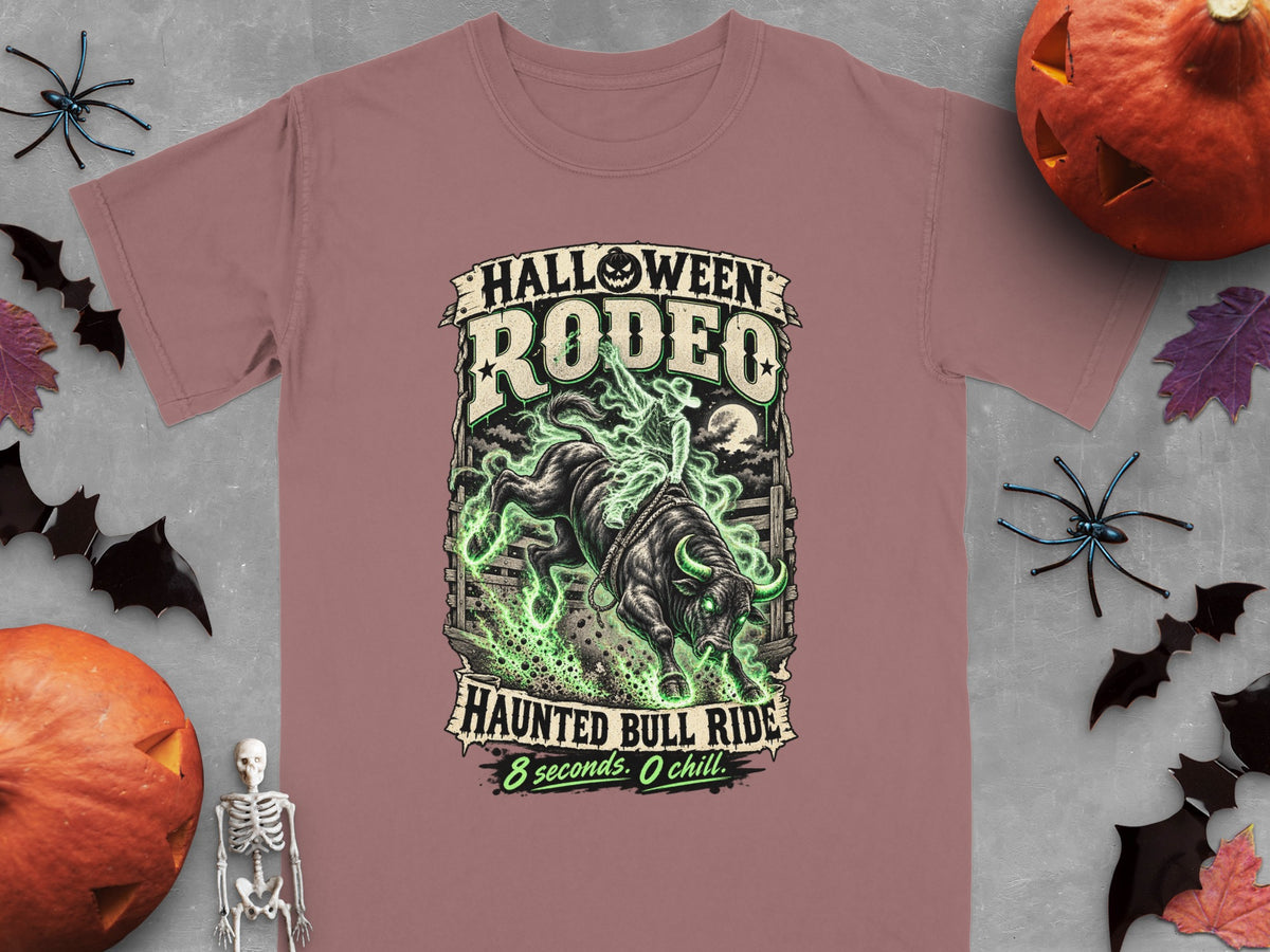 Halloween Rodeo Haunted Bull Ride t-shirt with skeleton, pumpkins, and bats.