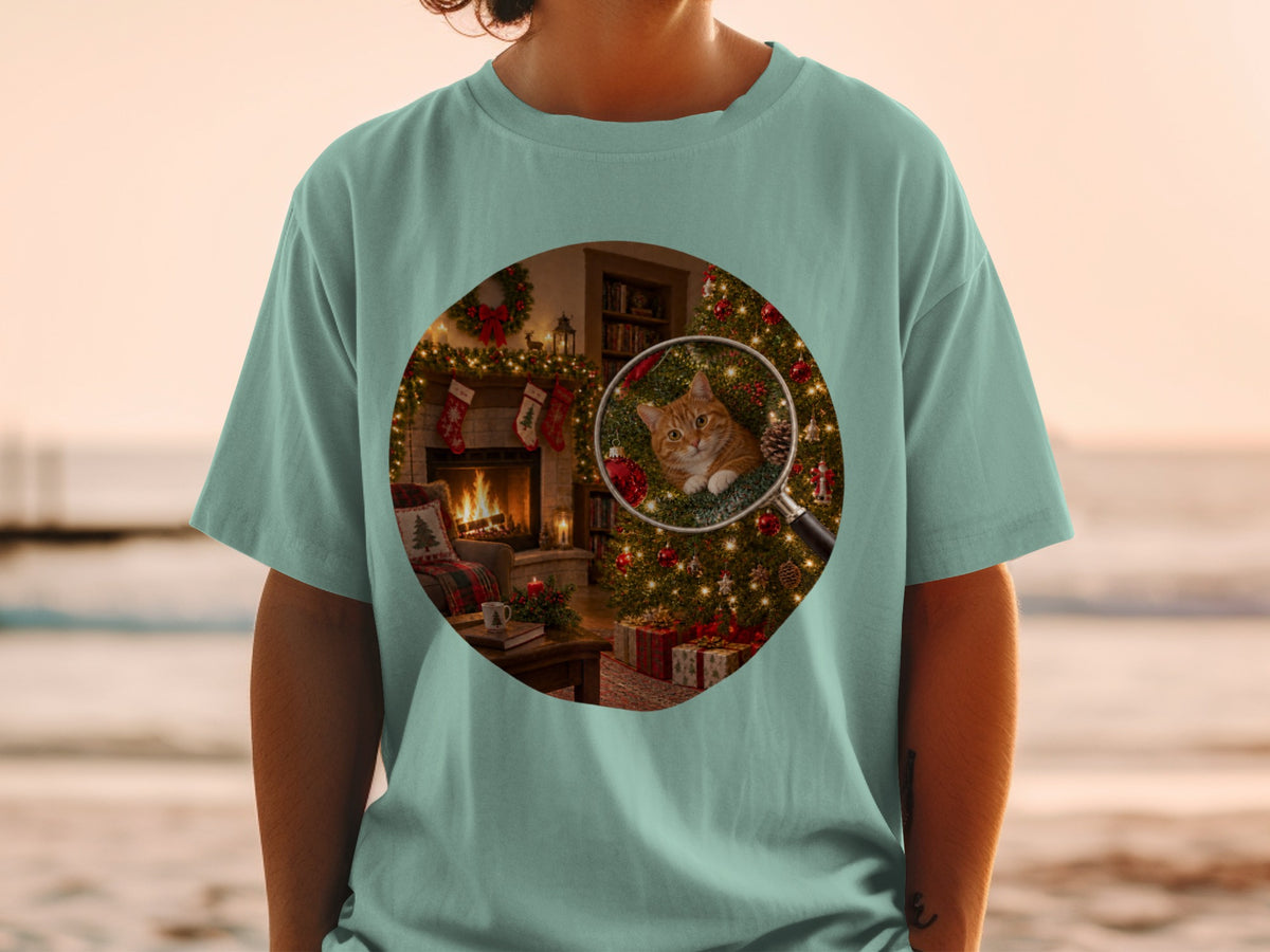 Orange cat peeking from Christmas tree under a magnifying glass.