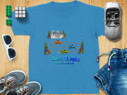 Blue t-shirt with crabs racing in the "Ocean Olympics 100m Sideways Dash".