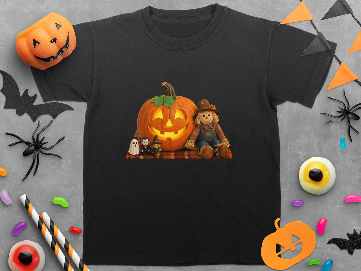 Black t-shirt with a glowing jack-o-lantern and scarecrow graphic.