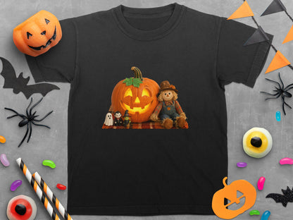 Black t-shirt with a glowing jack-o-lantern and scarecrow graphic.