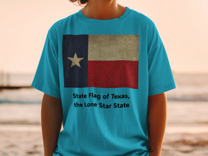 Blue t-shirt with vintage Texas flag and "State Flag of Texas, the Lone Star State."