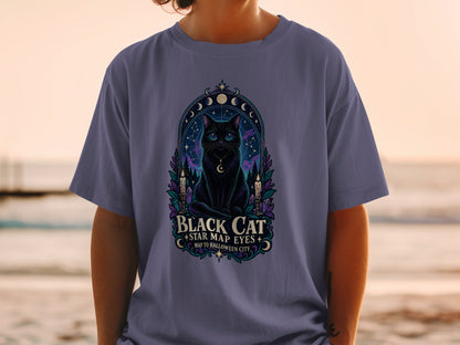 T-shirt with a black cat graphic featuring text "BLACK CAT STAR MAP EYES MAP TO HALLOWEEN CITY".