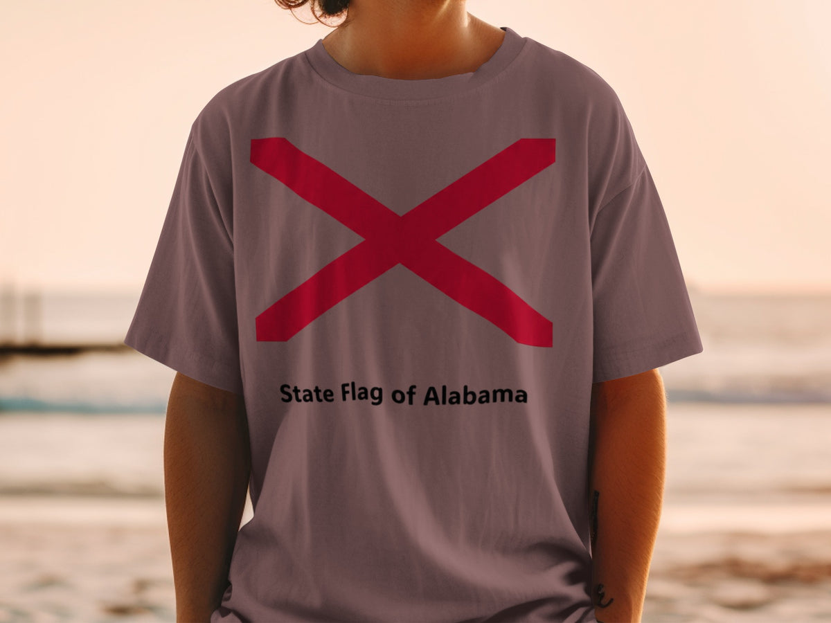 Grey t-shirt with the State Flag of Alabama printed on the front.