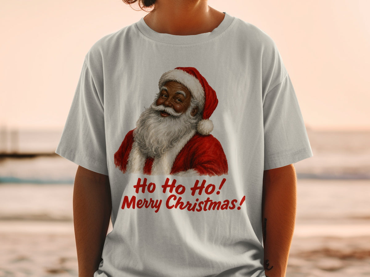 Light gray t-shirt with Santa Claus graphic and red text "Ho Ho Ho! Merry Christmas!".