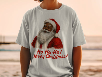 Light gray t-shirt with Santa Claus graphic and red text "Ho Ho Ho! Merry Christmas!".