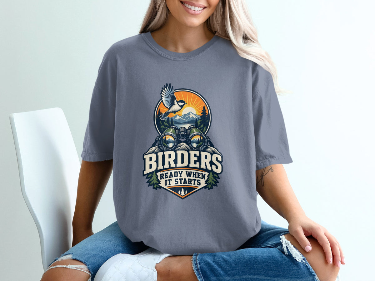 Gray t-shirt with "Birders Ready When It Starts" and nature graphic.