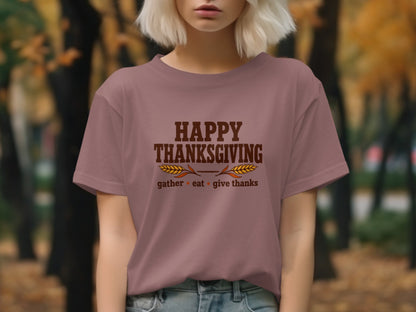 Mauve t-shirt with "Happy Thanksgiving" text and wheat graphic.