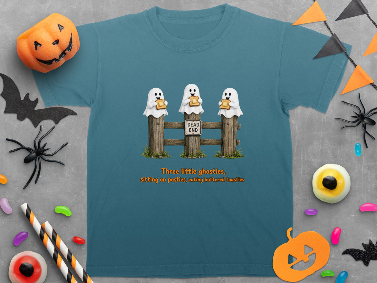 Teal t-shirt with three ghosts eating toast on a fence with a "Dead End" sign.