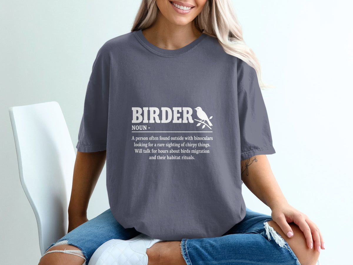 Gray t-shirt with "BIRDER NOUN" and bird graphic with definition.
