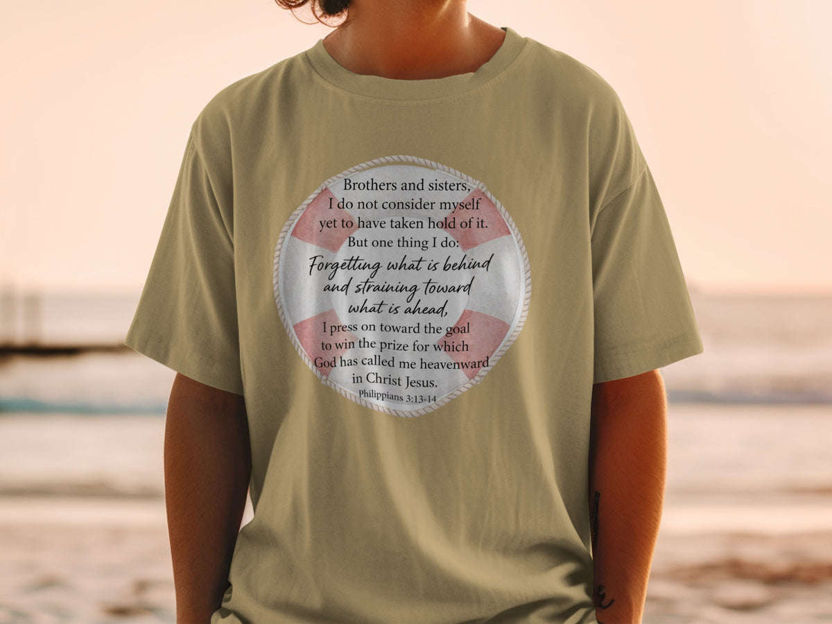 T-shirt with Bible verse from Philippians about forgetting the past and pressing toward the goal.