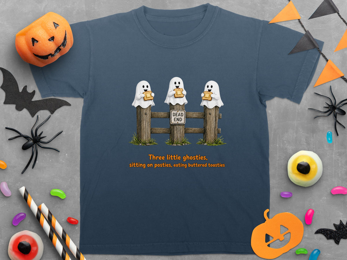 Three cartoon ghosts sitting on a fence eating toast.
