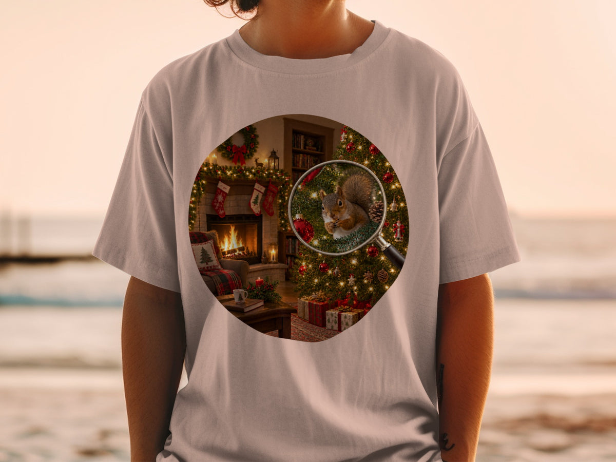 Magnified squirrel eating nut in festive Christmas scene with fireplace and tree.