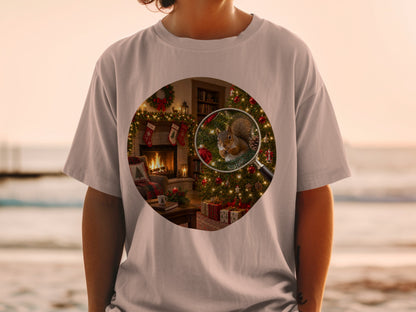 Magnified squirrel eating nut in festive Christmas scene with fireplace and tree.