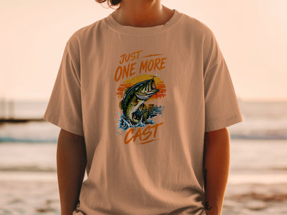 T-shirt with a jumping bass graphic and "Just One More Cast" text.