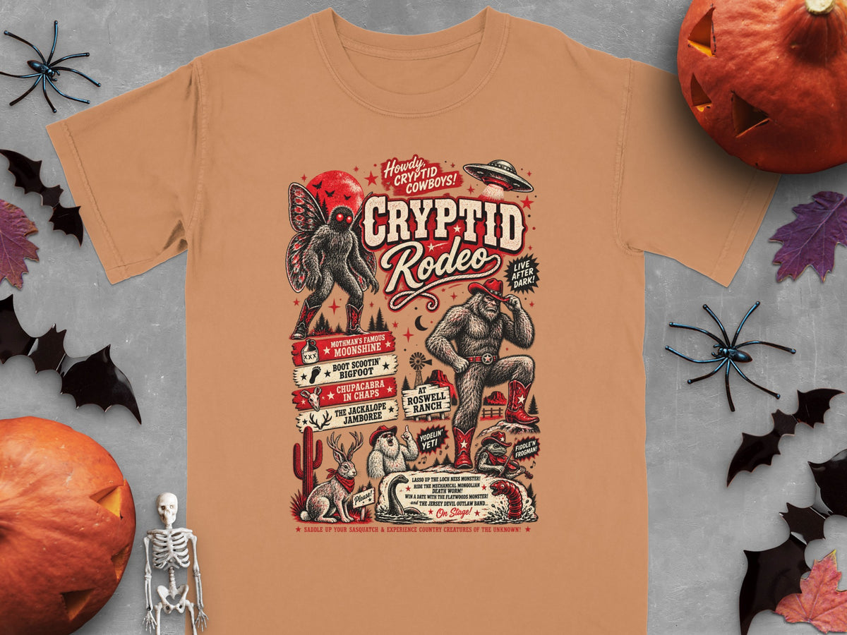 Cryptid Rodeo graphic with Bigfoot, Mothman, Yeti, Jackalope, and other creatures.