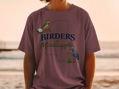 T-shirt graphic with birds, Mississippi outline, and text "Birders of Mississippi."