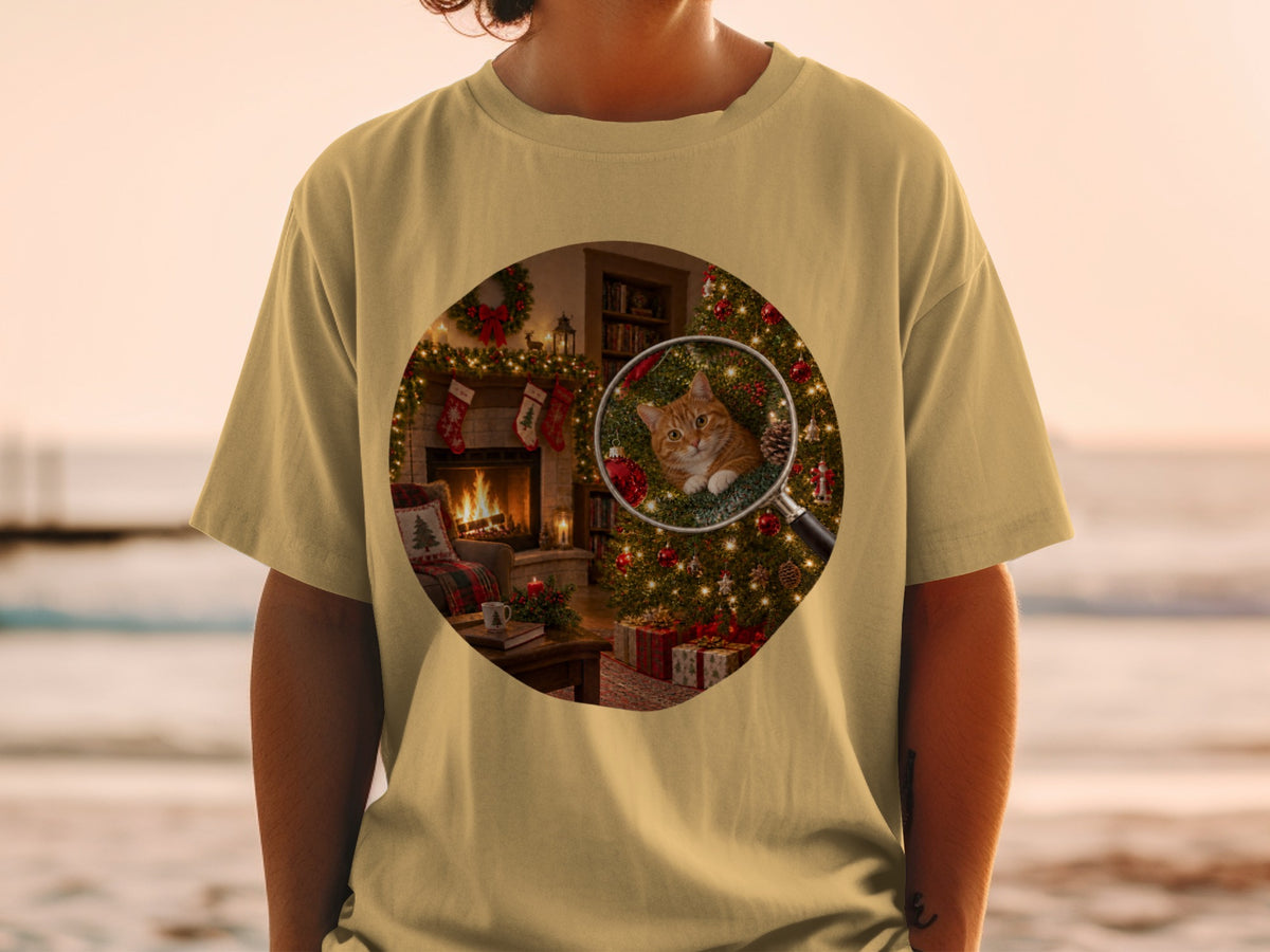 Cat in Christmas tree under magnifying glass on t-shirt design.