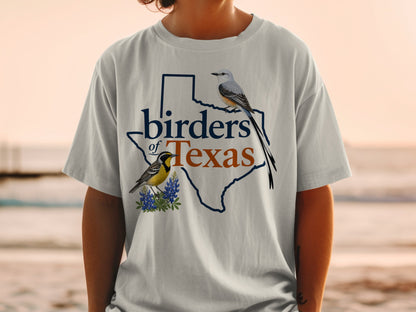 T-shirt graphic: Texas outline, "birders of Texas" text, and two birds.