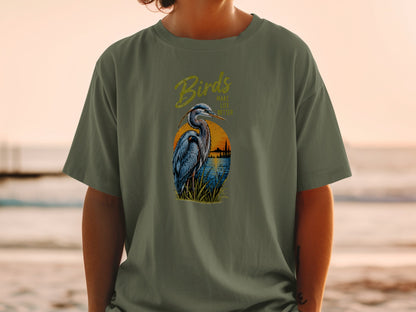 T-shirt with blue heron design and text "Birds Make Life Better."