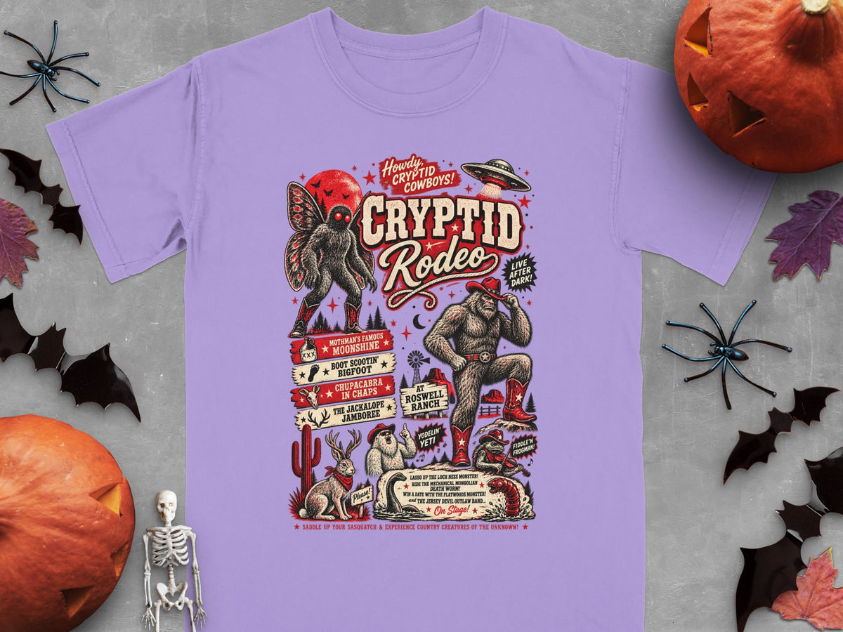 Lilac t-shirt with Cryptid Rodeo graphic featuring Bigfoot, Mothman, Chupacabra, and more.