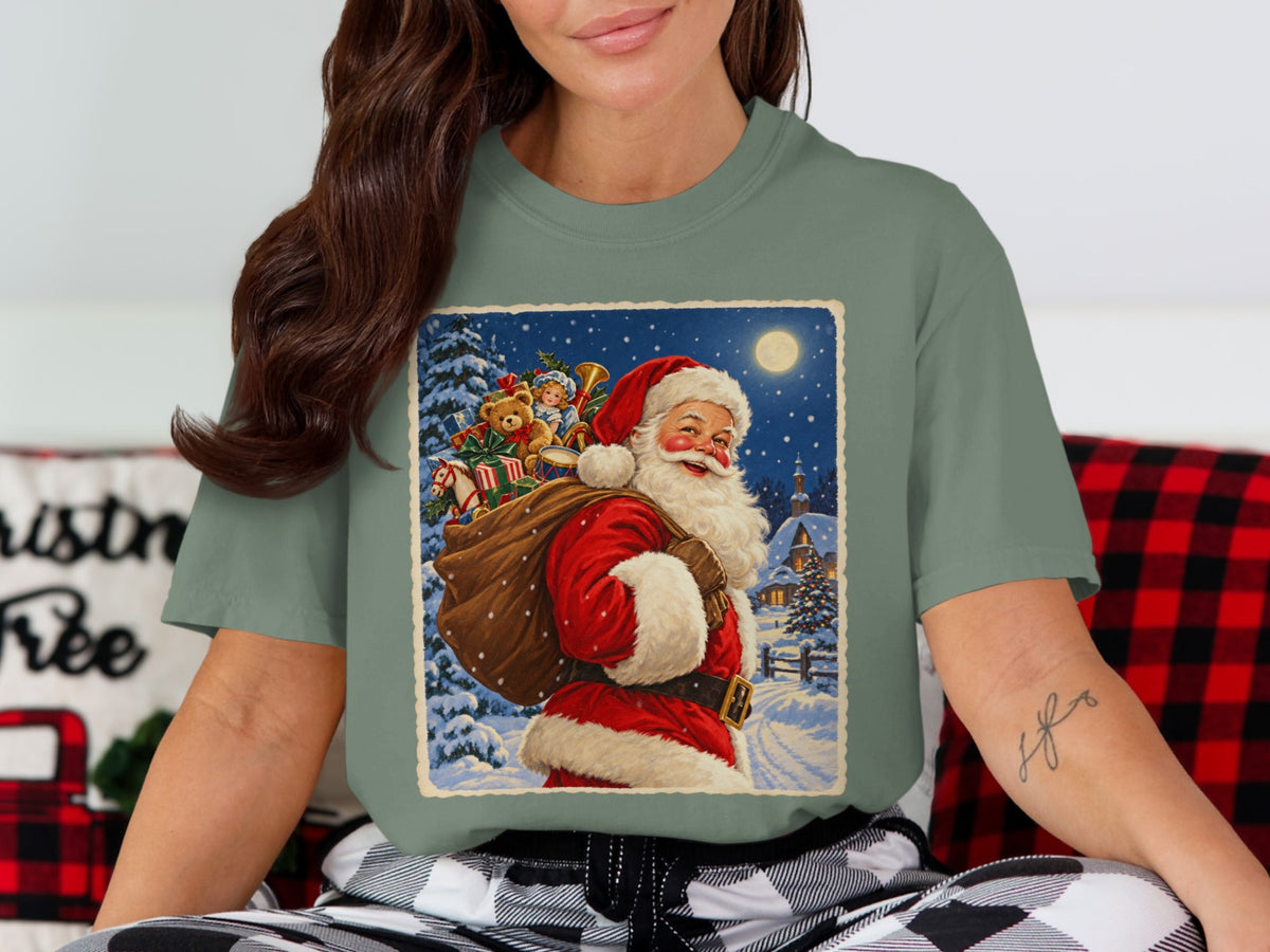 Santa Claus with a sack of gifts in a snowy village scene.