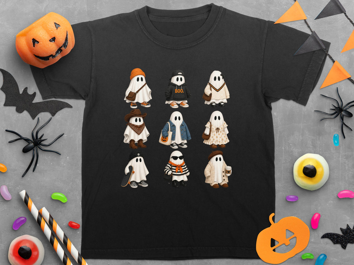 Black t-shirt with nine illustrated ghosts in various Halloween-themed outfits.