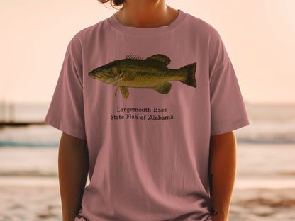 T-shirt with Largemouth Bass illustration and text "State Fish of Alabama".