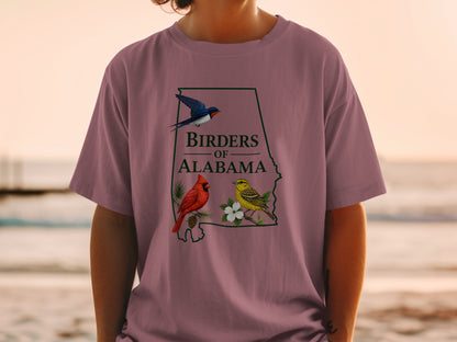 Alabama state outline with "Birders of Alabama" text and birds.