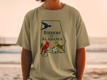 T-shirt graphic with Alabama outline, text, and two illustrated birds.