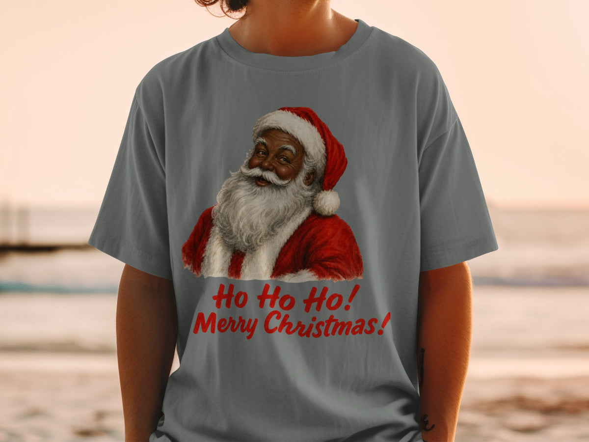 Santa Claus graphic with "Ho Ho Ho! Merry Christmas!" text on a gray t-shirt.