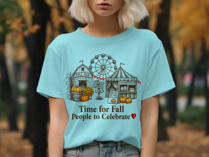 Fall fair graphic with Ferris wheel, barn, tents, pumpkins, and text "Time for Fall People to Celebrate".