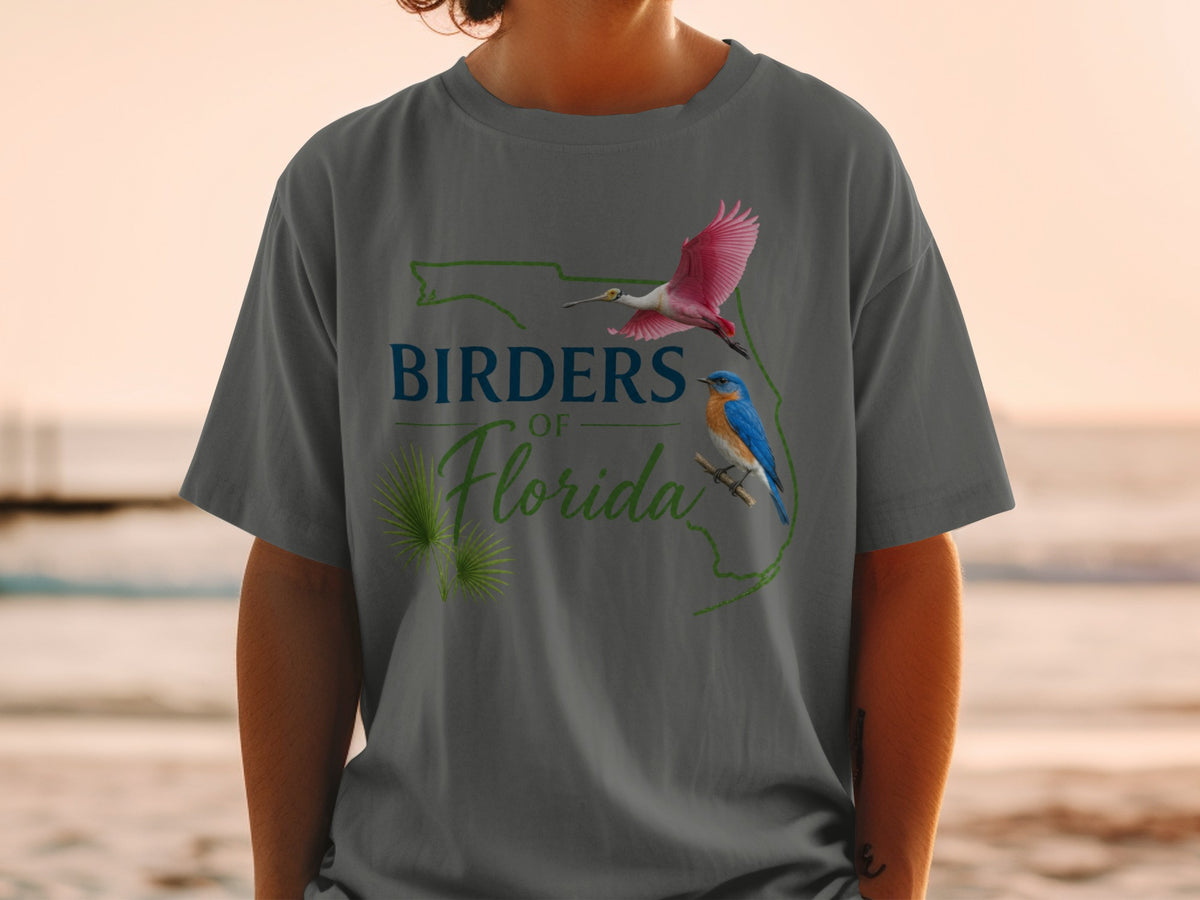 Birders of Florida t-shirt with roseate spoonbill and bluebird on Florida outline.