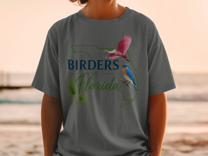 Birders of Florida t-shirt with roseate spoonbill and bluebird on Florida outline.