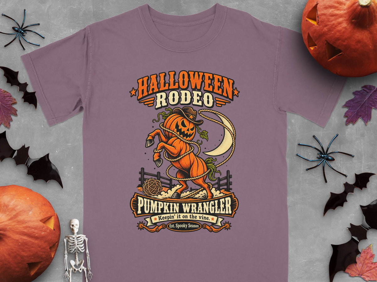 Purple t-shirt with "Halloween Rodeo Pumpkin Wrangler" design featuring a pumpkin horse.