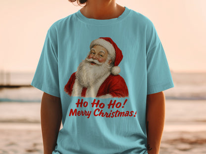 Light blue t-shirt with Santa graphic and "Ho Ho Ho! Merry Christmas!" text.