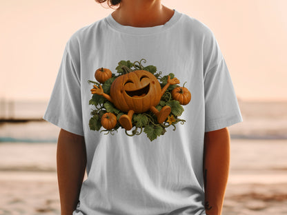 Smiling cartoon pumpkin surrounded by vines and smaller pumpkins.