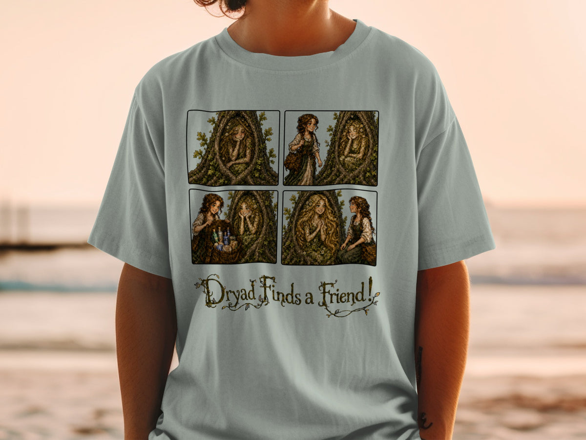 Four-panel comic of a dryad in a tree and a girl, titled "Dryad Finds a Friend!".