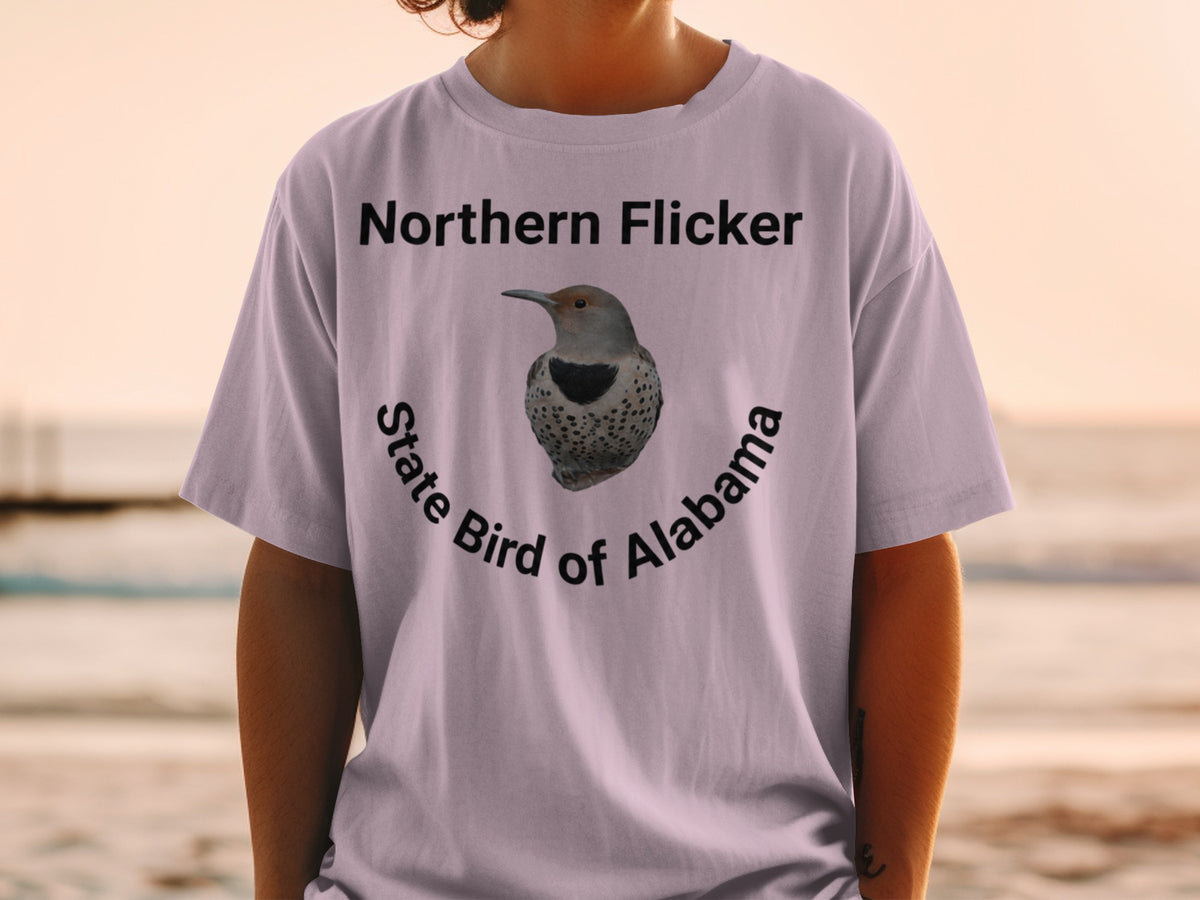 Northern Flicker State Bird of Alabama design on a lilac t-shirt.