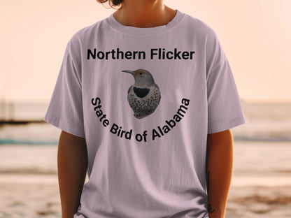 Northern Flicker State Bird of Alabama design on a lilac t-shirt.