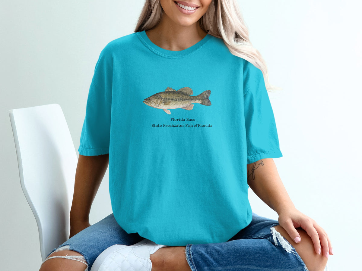 Florida Bass, State Freshwater Fish of Florida graphic on blue t-shirt.
