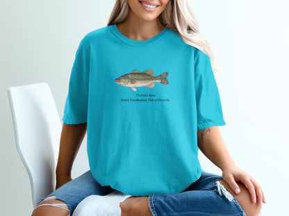Florida Bass, State Freshwater Fish of Florida graphic on blue t-shirt.