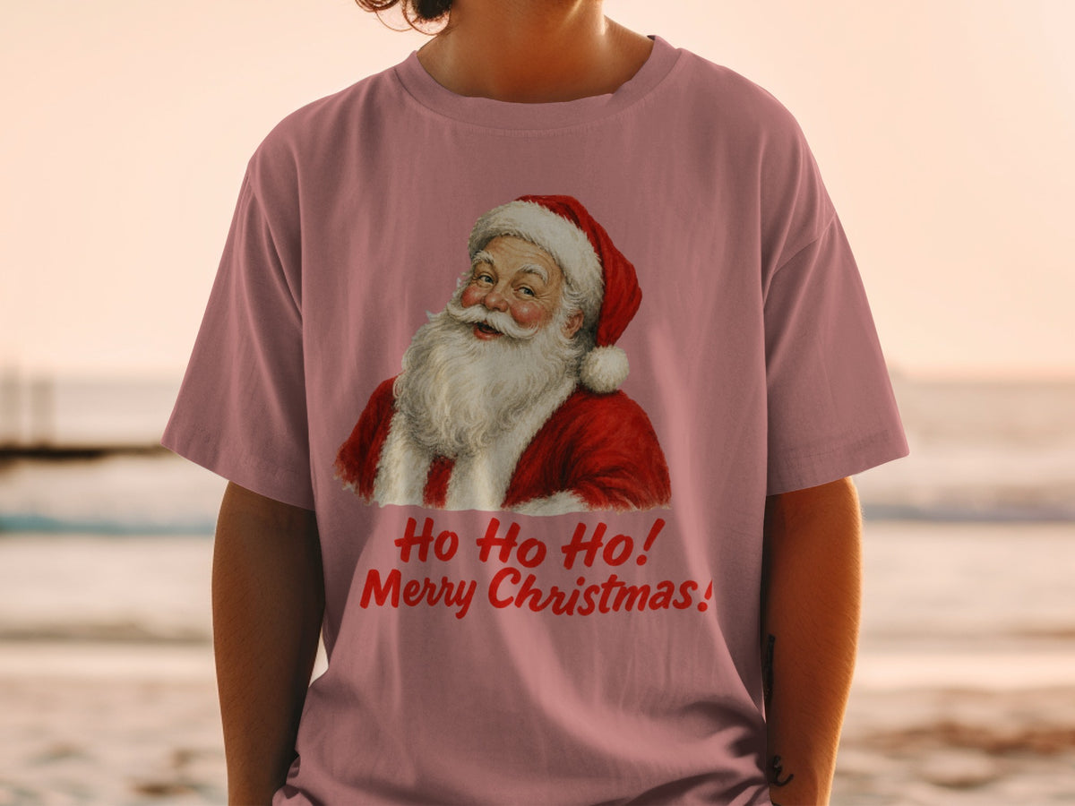 Pink t-shirt with Santa Claus graphic and text "Ho Ho Ho! Merry Christmas!"