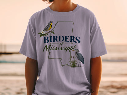 T-shirt with "Birders of Mississippi" text, Mississippi outline, yellow bird, and heron.