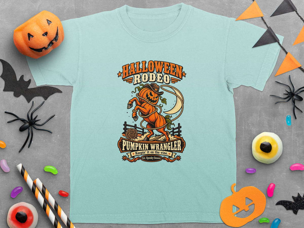 Light blue t-shirt with "Halloween Rodeo Pumpkin Wrangler" graphic.